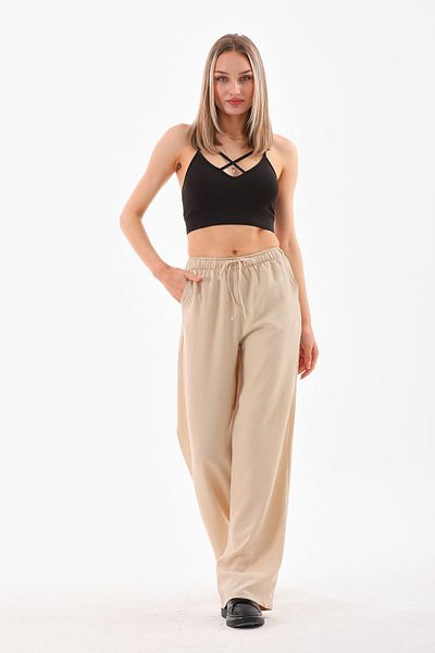 H&A İSTANBUL Women's Beige Linen Blend Loose Cut Pants - Wide Leg Stretch Waist