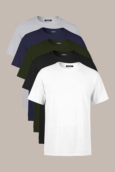 COMEOR Men's Multi-Colored T-Shirt Regular Fit Relaxed Fit Crew Neck 5-Piece Basic T-Shirt Pack