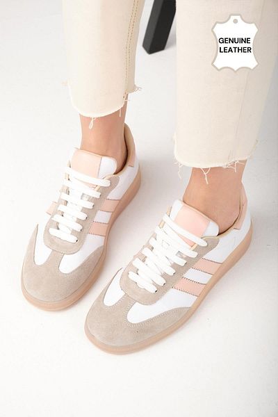 Mio Gusto Tindra Genuine Leather Powder Striped White Color Women's Sports Shoes