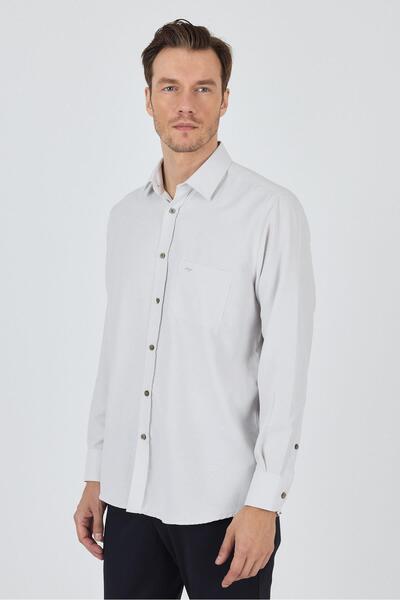İmza Uzun Kol Desenli Armürlü Sert Yaka cepli Pamuklu Classic Comfort Fit Gömlek 1004250174