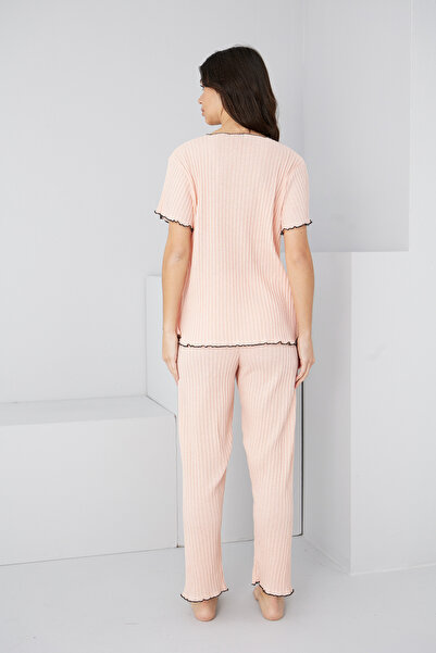 Siyah İnci Salmon Seasonal Thin Bow Pajama Suit7879