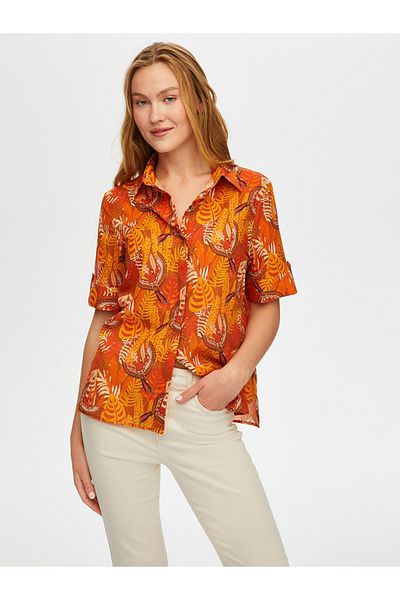 Faik Sönmez Women's Tropical Pattern Short Sleeve Cotton Voile Shirt Faik Sönmez
