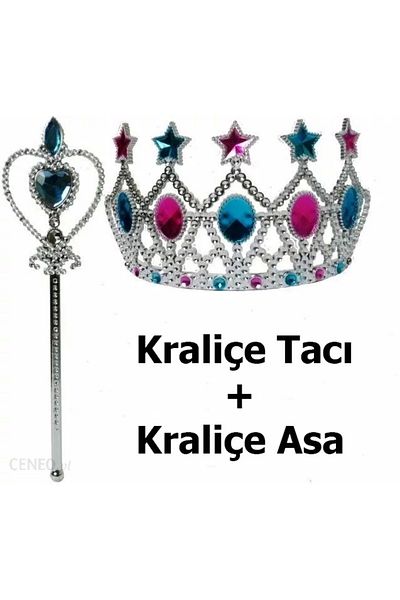 PRATİKOBA Colorful star embroidered queen crown 15x7 cm and queen's scepter