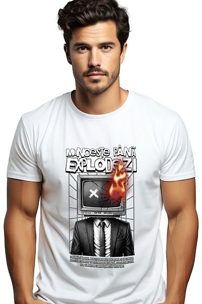 StoryGift Romania Men's T-Shirt Office With Fire TV Work Until You Explode With Print On The Front, Left