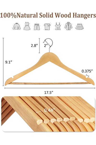 COOYA 10 Pack Wooden Hangers,Non Slip with Smooth Finish Cut Notches 360° Swivel Hook Clothes Hangers