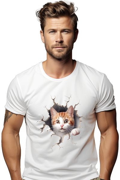 StoryGift Romania Men's T-Shirt With Orange And White Cat Coming Out Of The Wall, Adorable, Animals, Sweetheart Stg