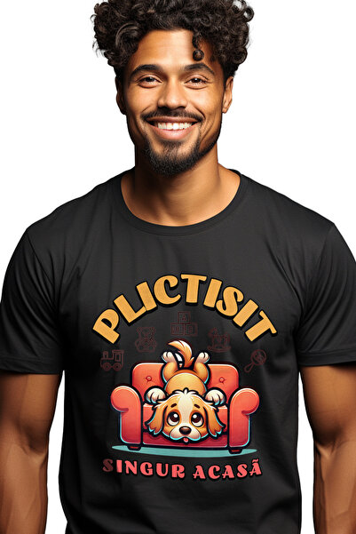 StoryGift Romania Tricou Barbati Plictisit. Singur Acasa Caine Pe Fotoliu Tri...