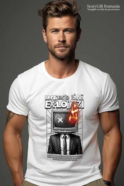 StoryGift Romania Men's T-Shirt Office With Fire TV Work Until You Explode With Print On The Front, Left