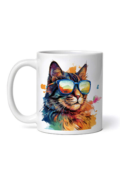 OEM Cană albă personalizată, Pisică Gânditoare cu Ochelari, INOVATIX®. 330ml