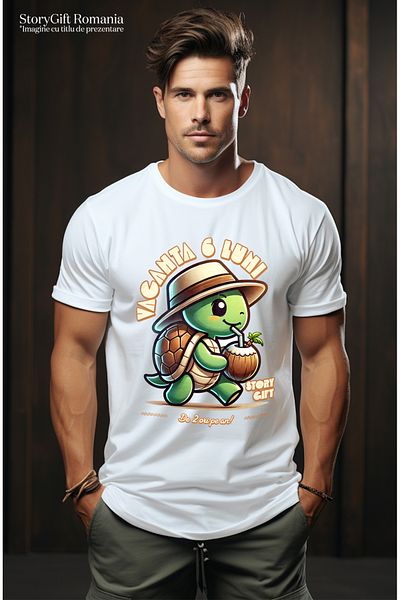 StoryGift Romania Tricou Barbati Testoasa Gata De Vacanta De 6 Luni De Doua Ori Pe An Cu Imprimeu Pe Fata, Stg