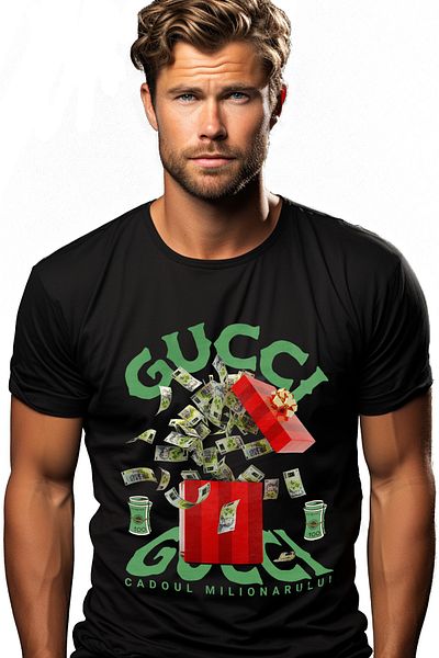 StoryGift Romania Tricou Barbati Gucci - Cadoul Milionarului Cu Imprimeu Pe Fata, 100% Bumbac, Negru, M Stg