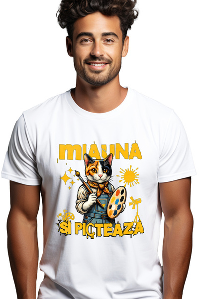 StoryGift Romania Tricou Barbati Pisica Artist Miauna Si Picteaza Animal Blan...