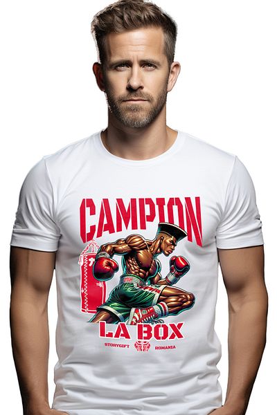 StoryGift Romania Tricou Barbati Baiat Cu Manusi De Box Campion La Box Cu Imprimeu Pe Fata, 100% Bumbac, Al Stg