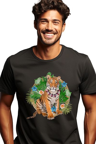 StoryGift Romania Men's T-shirt with portrait of a tiger cub with a flower necklace, in nature, young animal