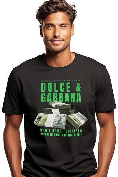 StoryGift Romania Tricou Barbati Dolce & Gabbana - Banii Aduc Fericirea Cu Imprimeu Pe Fata, 100% Bumbac, Stg