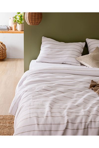 Madame Coco Raya Double 100% Cotton Yarn Dyed Duvet Cover Set - White/Beige