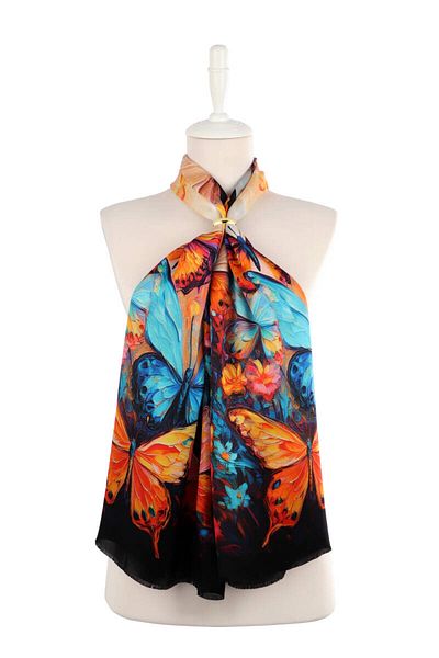 Bursa İpek Turquoise Butterfly Pattern Silk Scarf