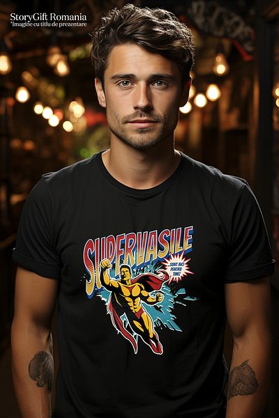 StoryGift Romania Men's T-Shirt Super Vasile, Superhero I'm Here for You with print on the Front, 100% Bum STG