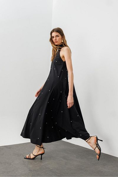 pieces of melon Black Stand Collar Halter Wide Cut A-Form Rhinestone Midi Dress