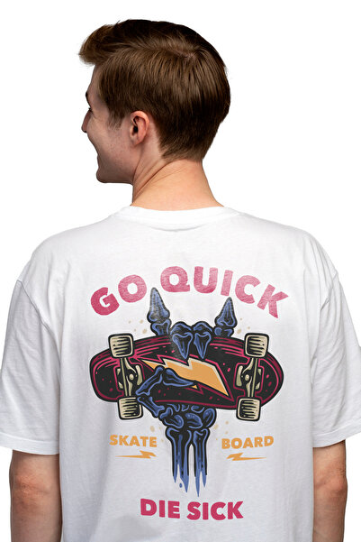 StoryGift Romania Tricou Barbati Cu Mesaj In Engleza Go Quick Die Sick, Mana, Schelet, Skateboard, Cu Impri Stg