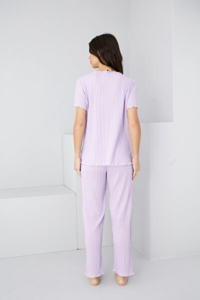 Siyah İnci lila Mevsimlik İnce Fiyonklu Pijama Takım7879