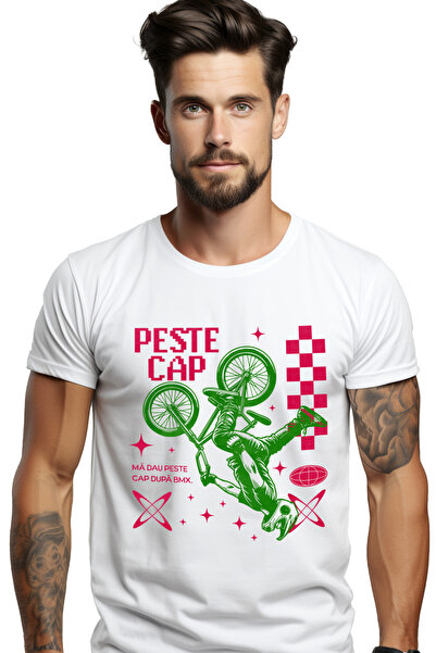StoryGift Romania Tricou Barbati Biker Scheme Peste Cap Bmx Sport Cu Imprimeu Pe Fata, 100% Bumbac, Alb, Xl Stg