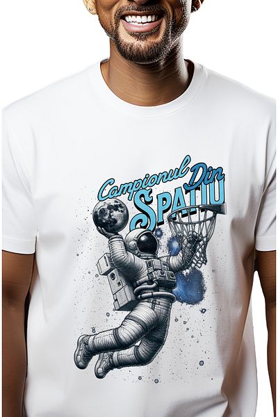 StoryGift Romania Tricou Barbati Basketball Astronaut - Campionul Din Spatiu Cu Imprimeu Pe Fata, 100% Bumba Stg