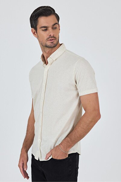 İmza Ecru κοντομάνικο μονόχρωμο πλεκτό πέτο με κουμπιά χωρίς τσέπη Βαμβακερό κλασικό πουκάμισο Slim Fit 1004250155_609