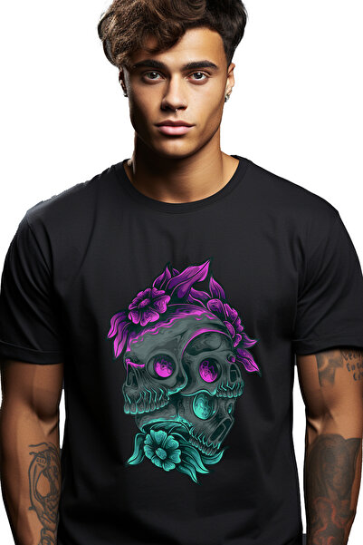 StoryGift Romania Tricou Barbati Cu Cranii, Flori, Frunze, Teanc, Flacari, Fa...