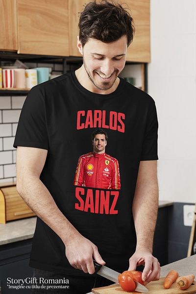StoryGift Romania Tricou Barbati Carlos Sainz Cursa Profesionista Formula 1 Viteza Cu Imprimeu Pe Fata, 100% Stg