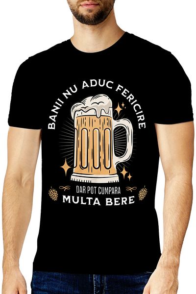 StoryGift Romania Tricou Barbati Banii Nu Aduc Fericirea Dar Pot Cumpara Bere Cu Imprimeu Pe Fata, 100% Bumb Stg