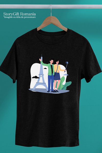 StoryGift Romania Tricou Barbati Cu Franta, Turism, Turnul Eiffel, Telefon, Cu Imprimeu Pe Spate, 100% Bumb Stg