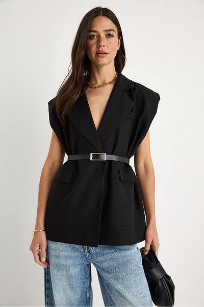 Bianco Lucci Women's Pocket Detailed Belted Padded Oversize Lined Blazer Vest 11143 60281003