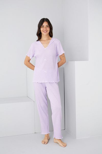 Siyah İnci Lilac Seasonal Thin Bow Pajama Suit7879
