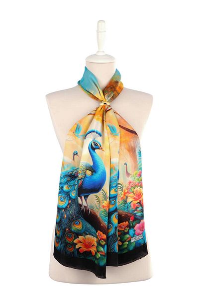 Bursa İpek Yellow Peacock Pattern Silk Scarf
