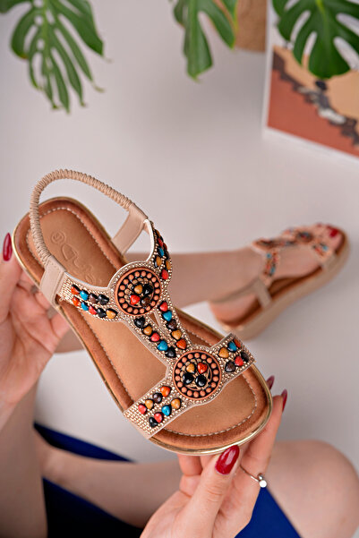 Guja Kadın Bej Boncuklu Dolgu Topuk Şık Sandalet