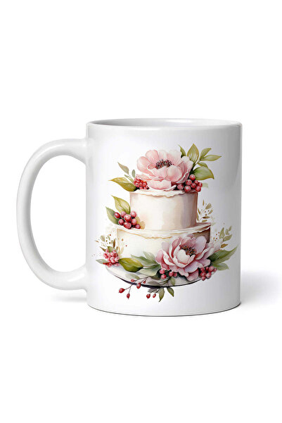 OEM Cană albă personalizată, Tort de nuntă cu fructe și flori roz, INOVATIX®....