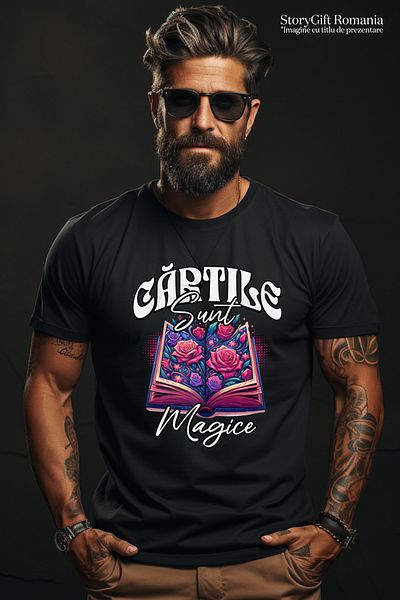 StoryGift Romania Tricou Barbati Cartile Sunt Magice Lectura Educatie Scoala Cu Imprimeu Pe Fata, 100% Bumba Stg