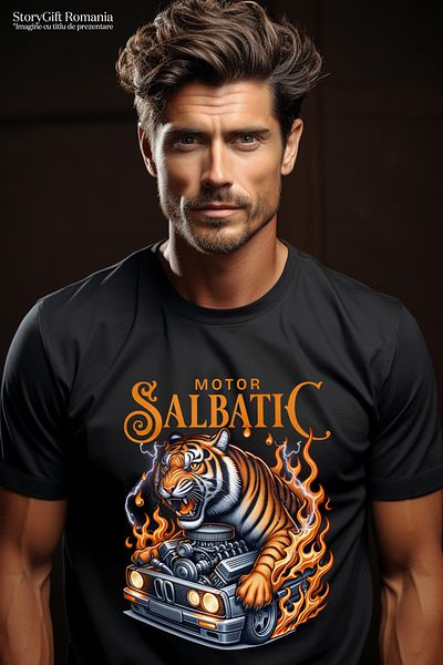 StoryGift Romania Tricou Barbati Motor Salbatic Tigru Masina In Flacari Viteza Cu Imprimeu Pe Fata, 100% Bumstg