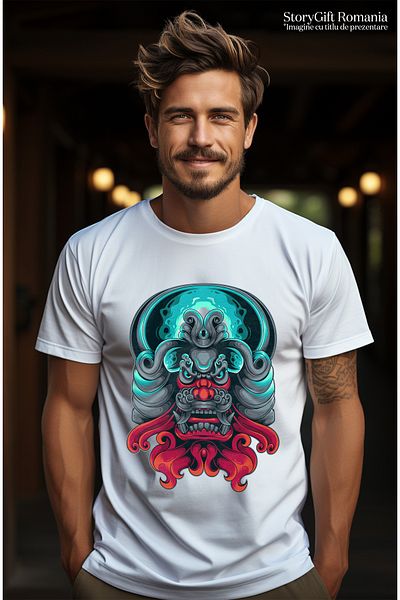 StoryGift Romania Tricou bărbătesc cu mască, dragon chinezesc, ilustrație, mitologie, flacără, cu imprimeu pe stg