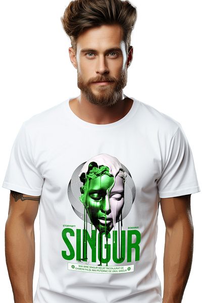 StoryGift Romania Tricou Barbati Chip Uman Curgator Text Singur Mai Bine Decat Cu Oameni Falsi Cu Imprimeu P Stg