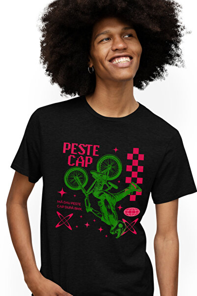 StoryGift Romania Tricou Barbati Biker Scheme Peste Cap Bmx Sport Cu Imprimeu Pe Fata, 100% Bumbac, Negru, S Stg