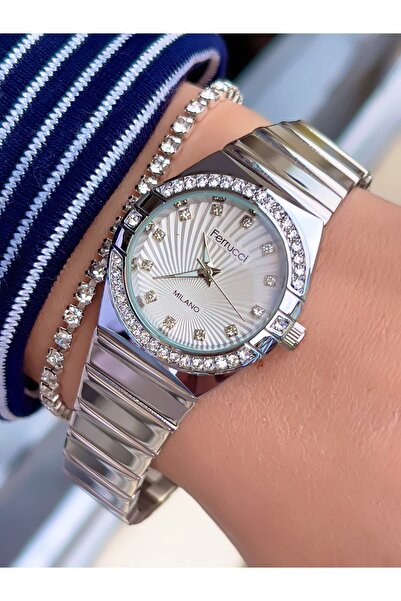 Ferrucci ساعة يد نسائية بعلبة صغيرة بتصميم حجر سلك فولاذي مع ضمان لمدة عامين