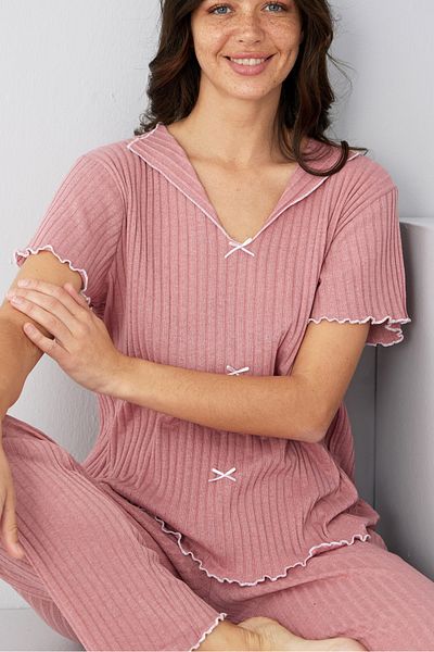 Siyah İnci Powder Seasonal Thin Bow Pajama Suit7879
