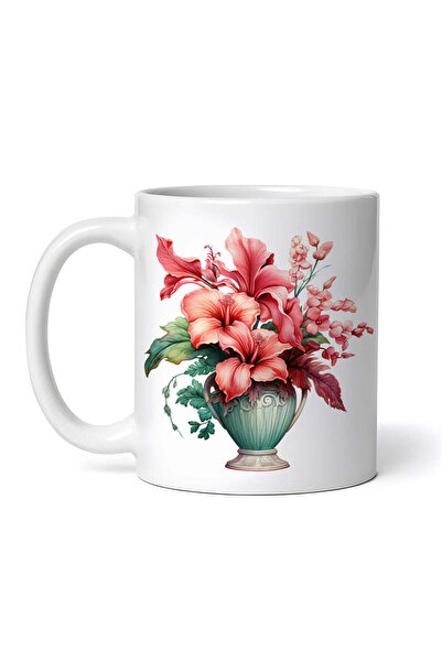 OEM Cană albă personalizată, Vază albastră cu hibiscus roșu, INOVATIX®. 330ml