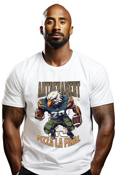 StoryGift Romania Men's T-Shirt Training Now Pizza At The End, Football Eagle With Front Print, 100% B Stg