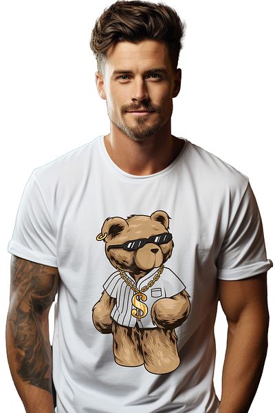 StoryGift Romania Tricou Barbati Cu Urs De Plus, Lant, Ochelari De Soare, Cercel, Cu Imprimeu Pe Fata, 100%stg