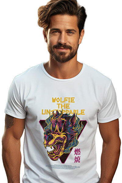 StoryGift Romania Tricou bărbătesc cu cap de lup în flăcări cu colți lungi, t...