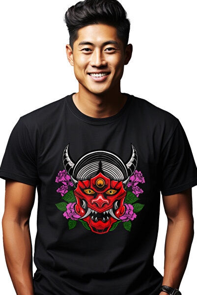 StoryGift Romania Tricou Barbati Cu Masca Oni, Flori, Colti, Coarne, Demon, Asiatic, Cu Imprimeu Pe Spate, Stg
