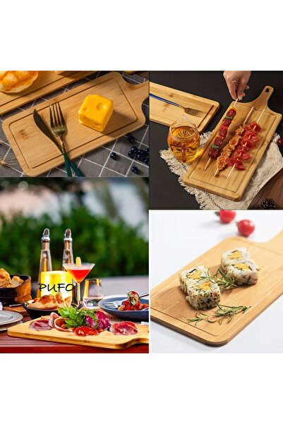 PUFO bamboo wooden platter with handle for serving food, appetizers, pizza, 40 x 16 cm, brown